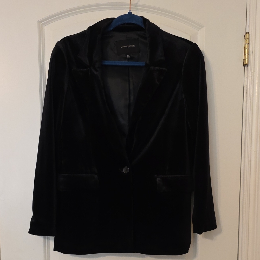 Banana Republic Black Velvet Blazer Size 0 XS Classic Single Button Jacket